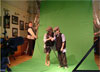 Chimney sweeps being filmed in front of the 'green screen'.